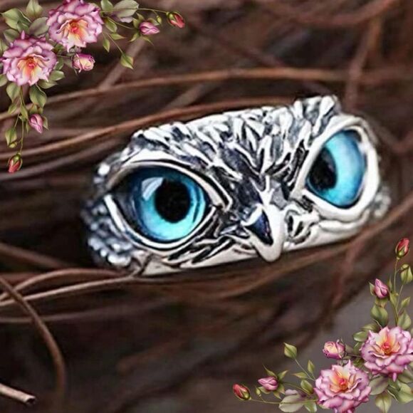 Retro Blue Eye Owl Open Ring, Exaggerated Animal Adjustable Finger Ring - Picture 1 of 12